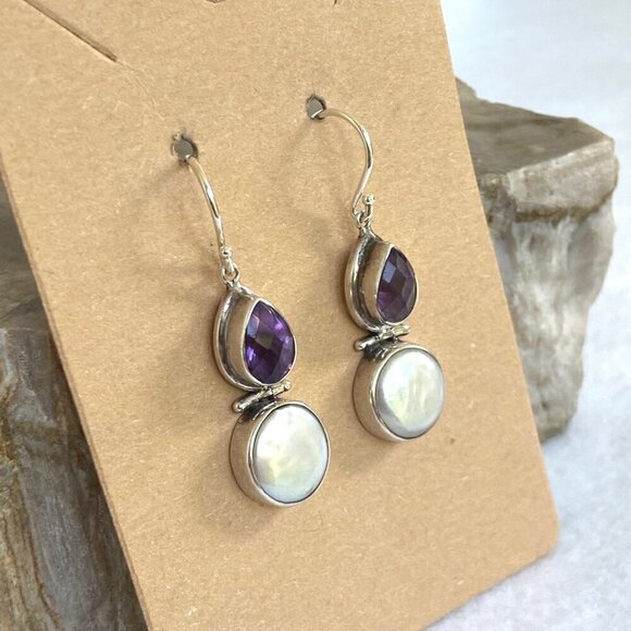 Sterling Silver 925 Pear Shaped Amethyst Hinged White Coin Pearl Dangle Earrings - Picture 4 of 16